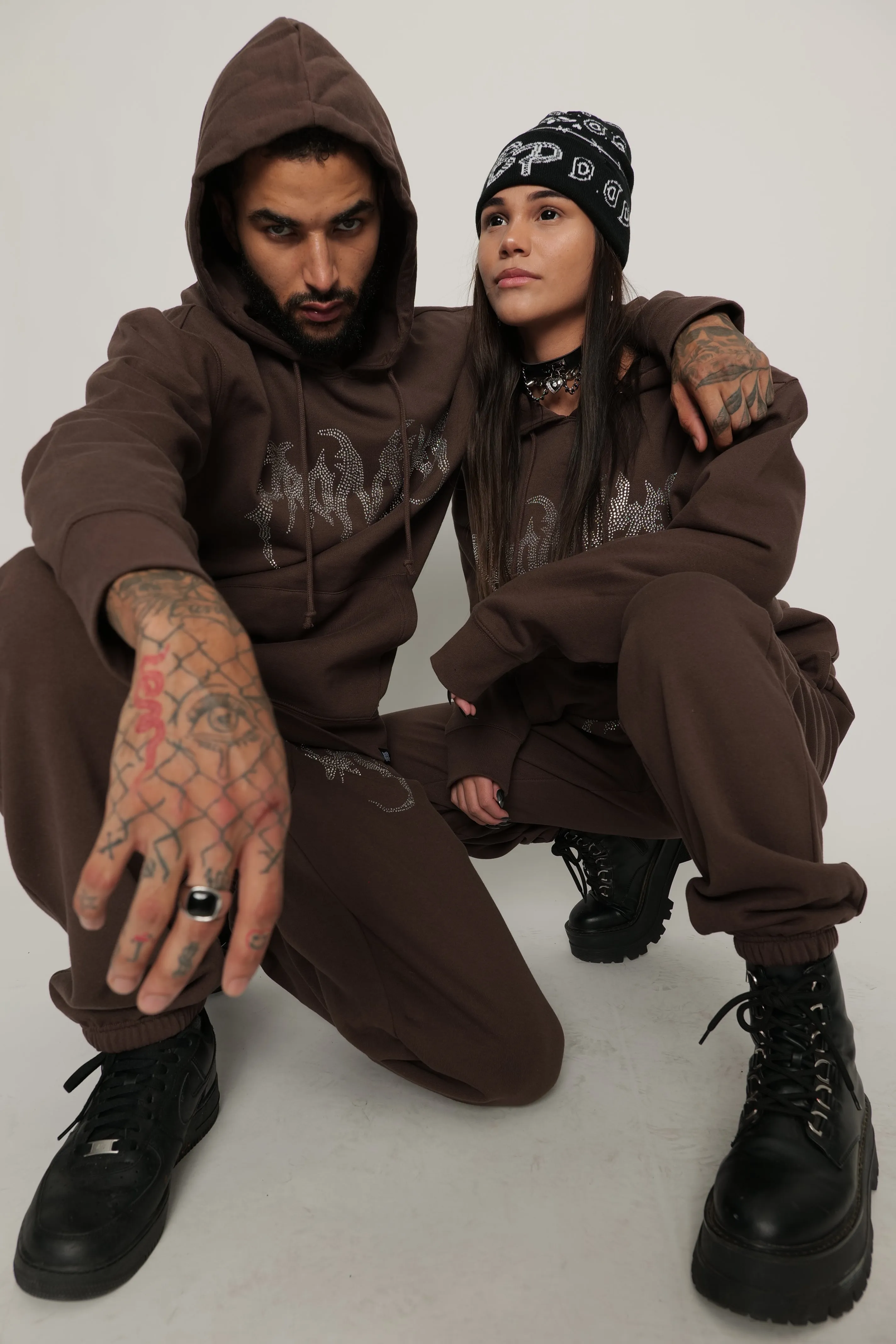 Graveyard Rhinestoned Hoodie Brown