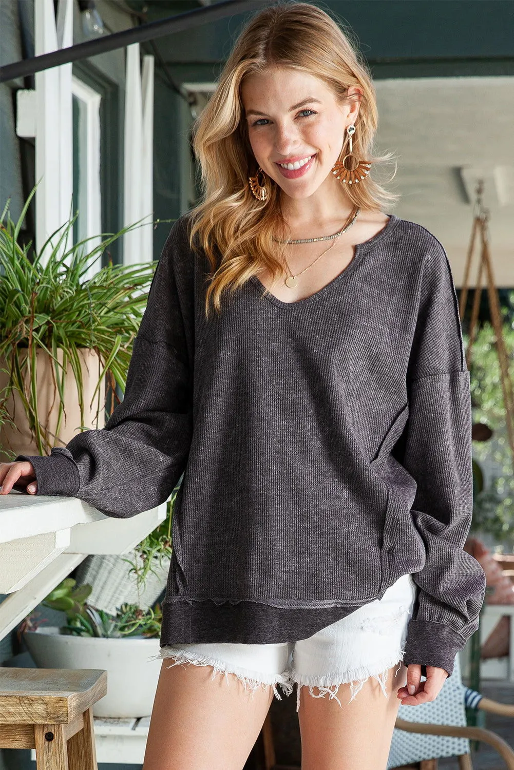 Grey Textured Exposed Seam Pullover Sweatshirt for Women