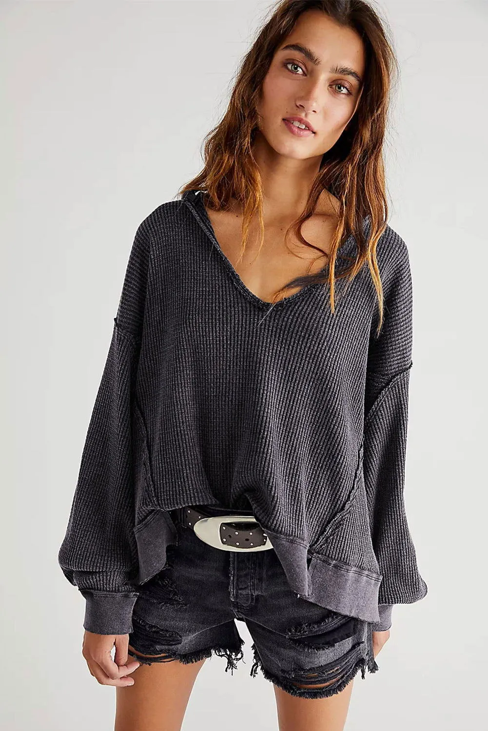 Grey Textured Exposed Seam Pullover Sweatshirt for Women