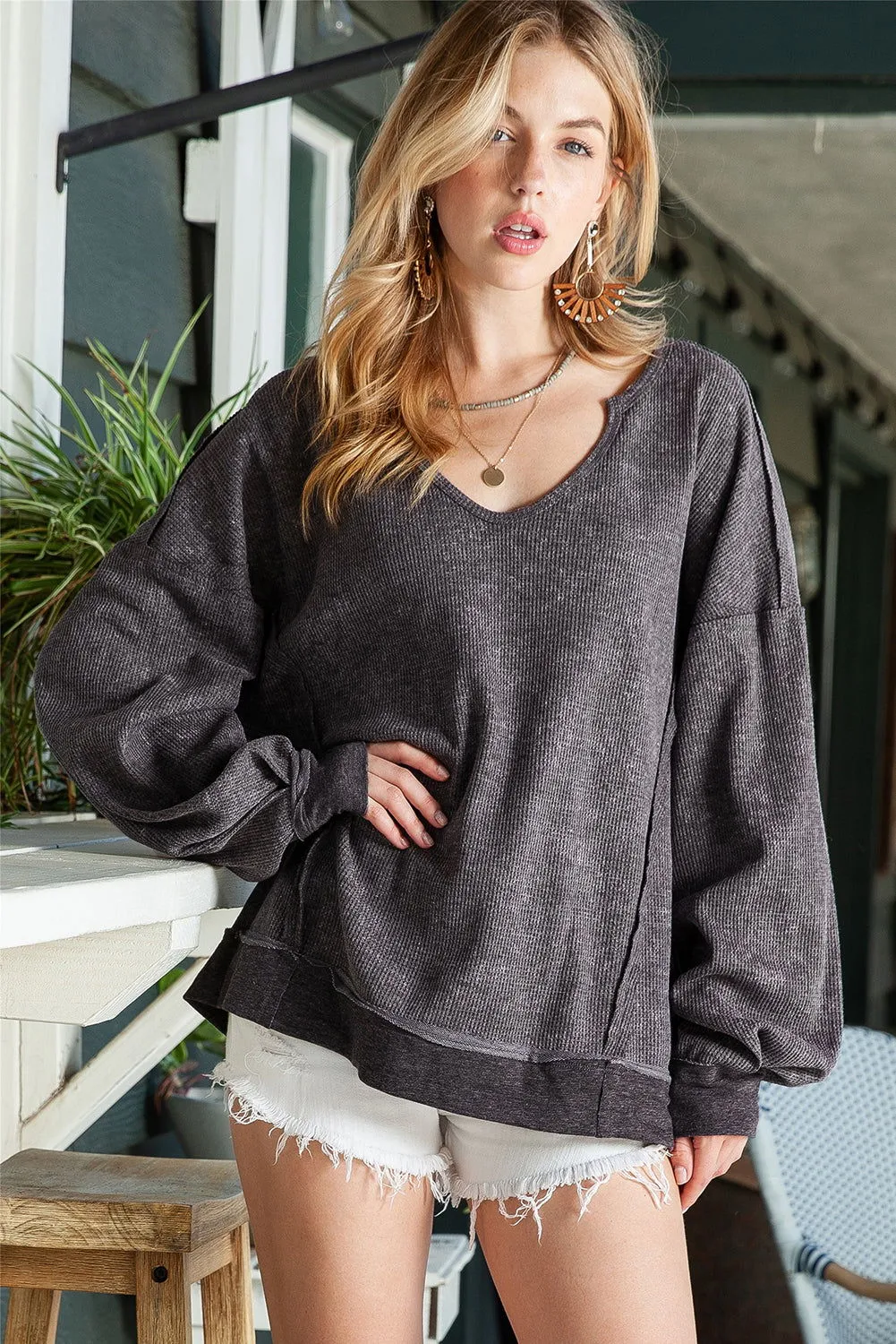 Grey Textured Exposed Seam Pullover Sweatshirt for Women