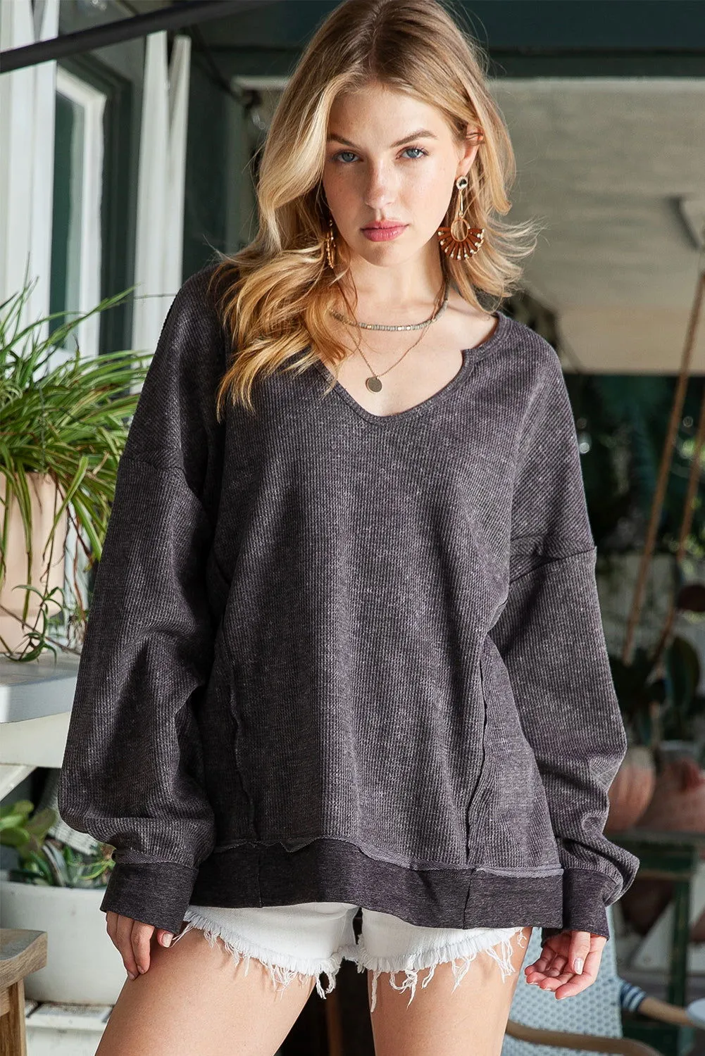 Grey Textured Exposed Seam Pullover Sweatshirt for Women