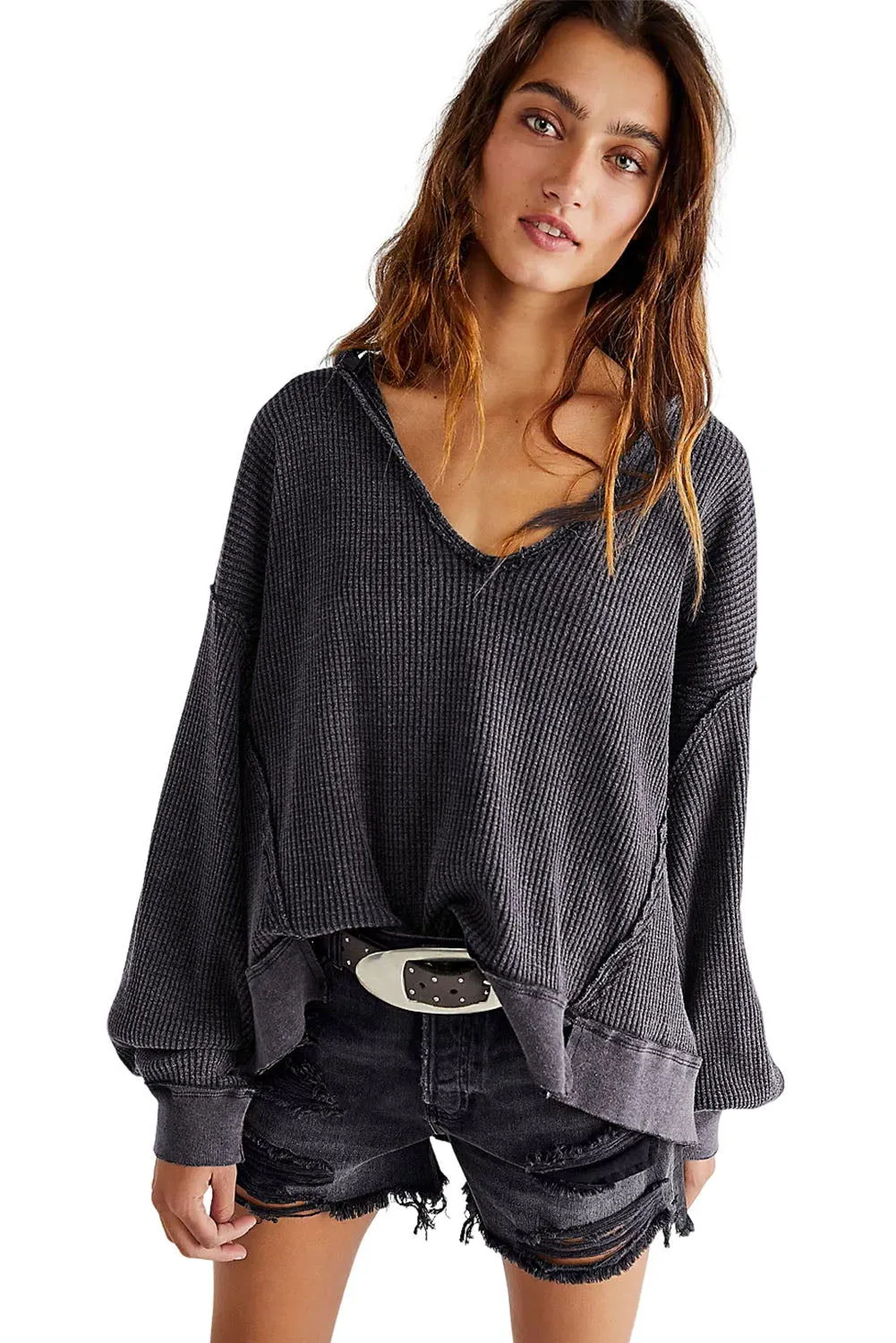 Grey Textured Exposed Seam Pullover Sweatshirt for Women