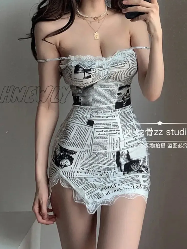 Hnewly Elegant Lace Mesh Newspaper Printing Slim Side Split Sexy Skinny Strap Tank Mini Dress Irregular Dresses Korean Trendy Summer Fits