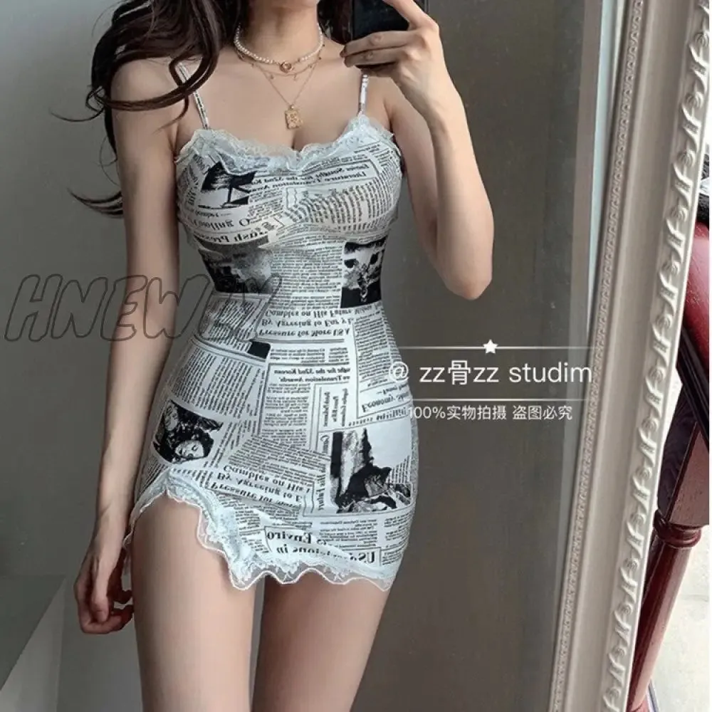 Hnewly Elegant Lace Mesh Newspaper Printing Slim Side Split Sexy Skinny Strap Tank Mini Dress Irregular Dresses Korean Trendy Summer Fits