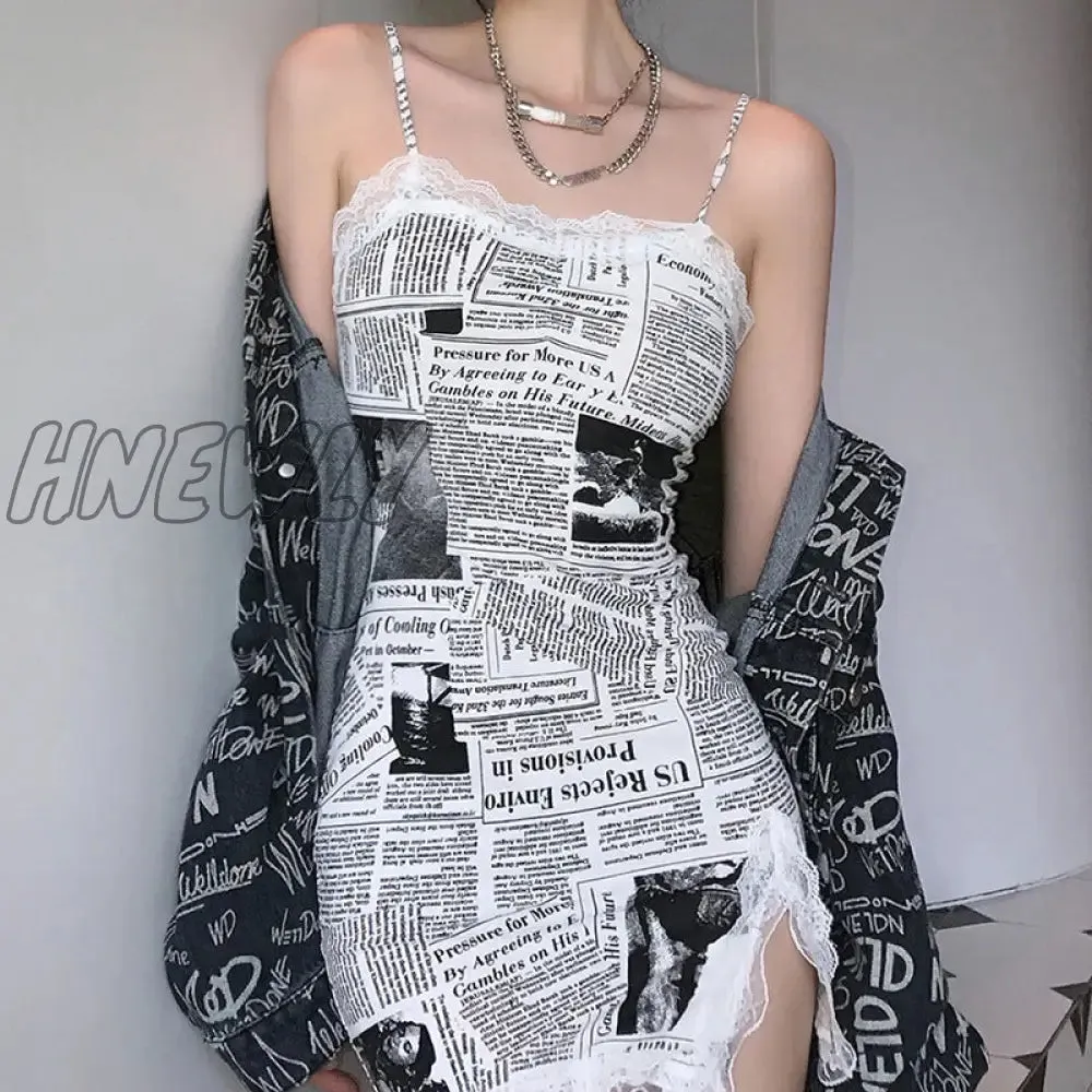 Hnewly Elegant Lace Mesh Newspaper Printing Slim Side Split Sexy Skinny Strap Tank Mini Dress Irregular Dresses Korean Trendy Summer Fits