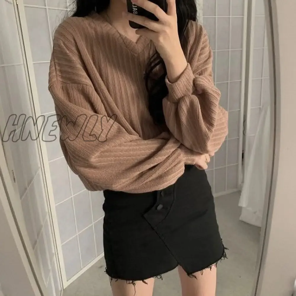 Hnewly V Neck Lantern Long Sleeve Knit Pullover Sweater Women Retro Loose Crazy Style Short Mutlicolor Pull Femme Autumn Spring Outfits Trends