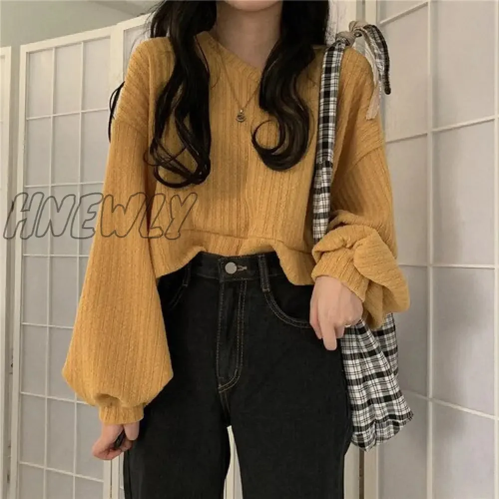 Hnewly V Neck Lantern Long Sleeve Knit Pullover Sweater Women Retro Loose Crazy Style Short Mutlicolor Pull Femme Autumn Spring Outfits Trends