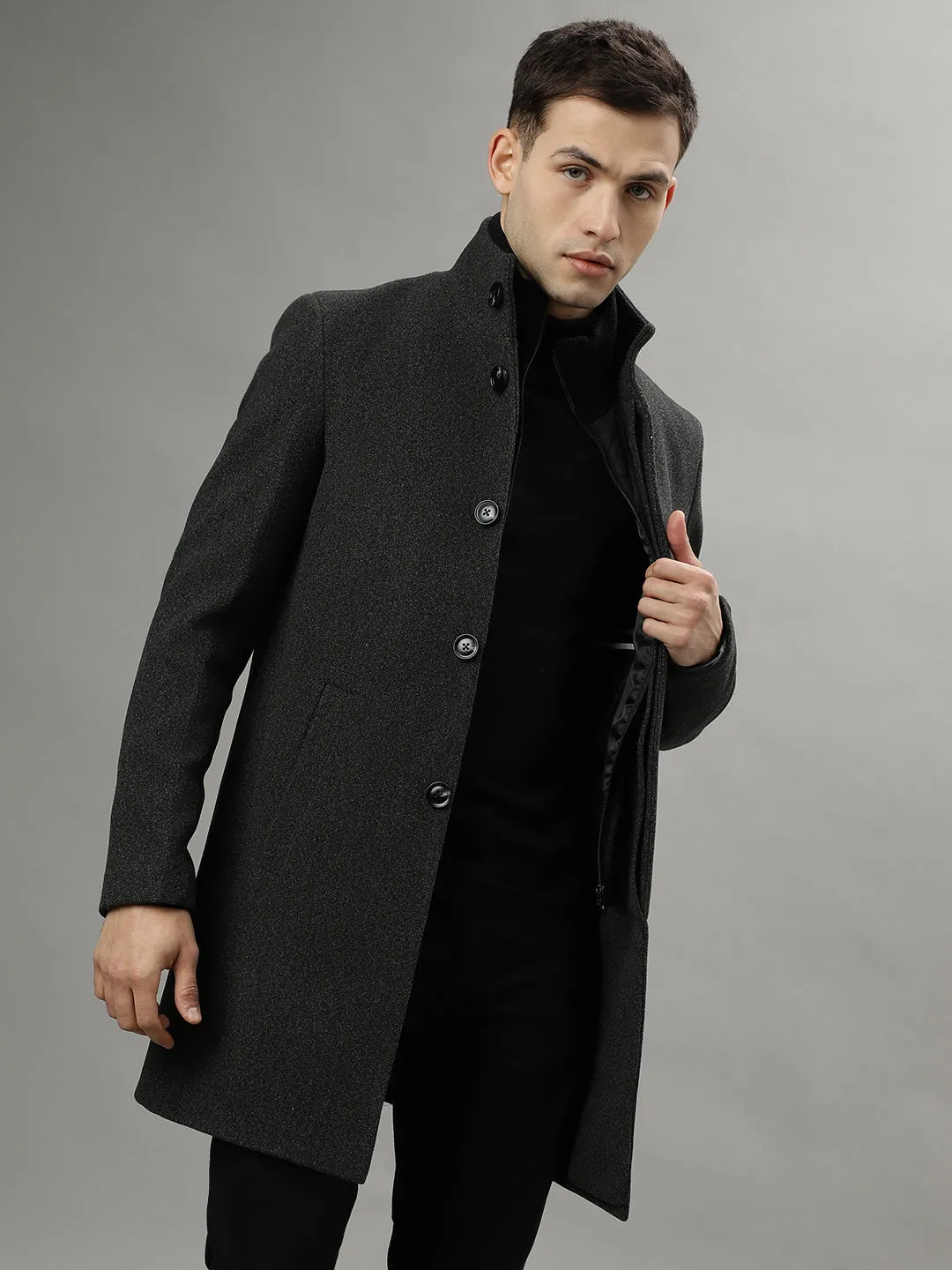 Iconic Men Grey Solid Standing Collar- Convertible Full Sleeves Overcoat