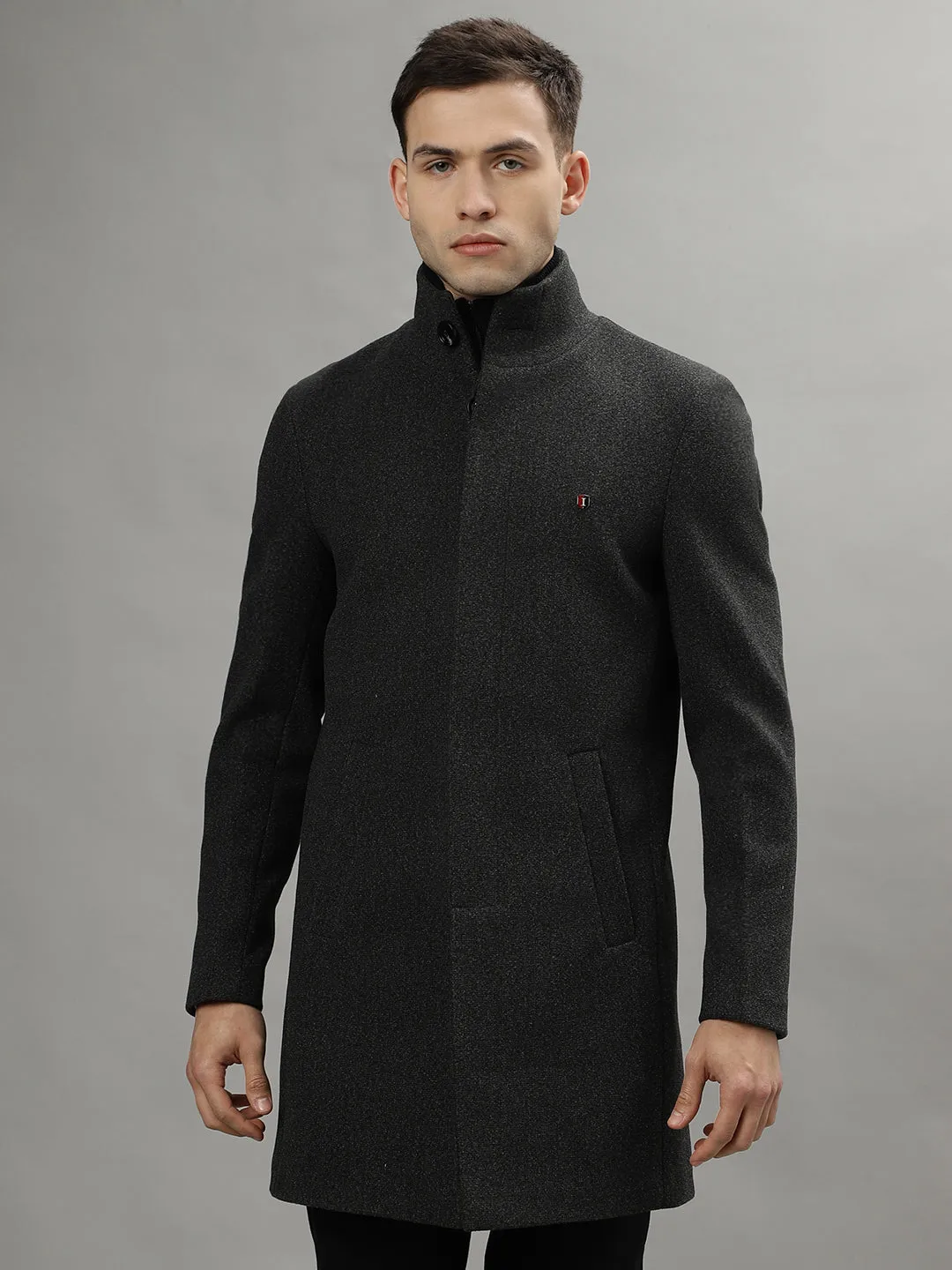 Iconic Men Grey Solid Standing Collar- Convertible Full Sleeves Overcoat