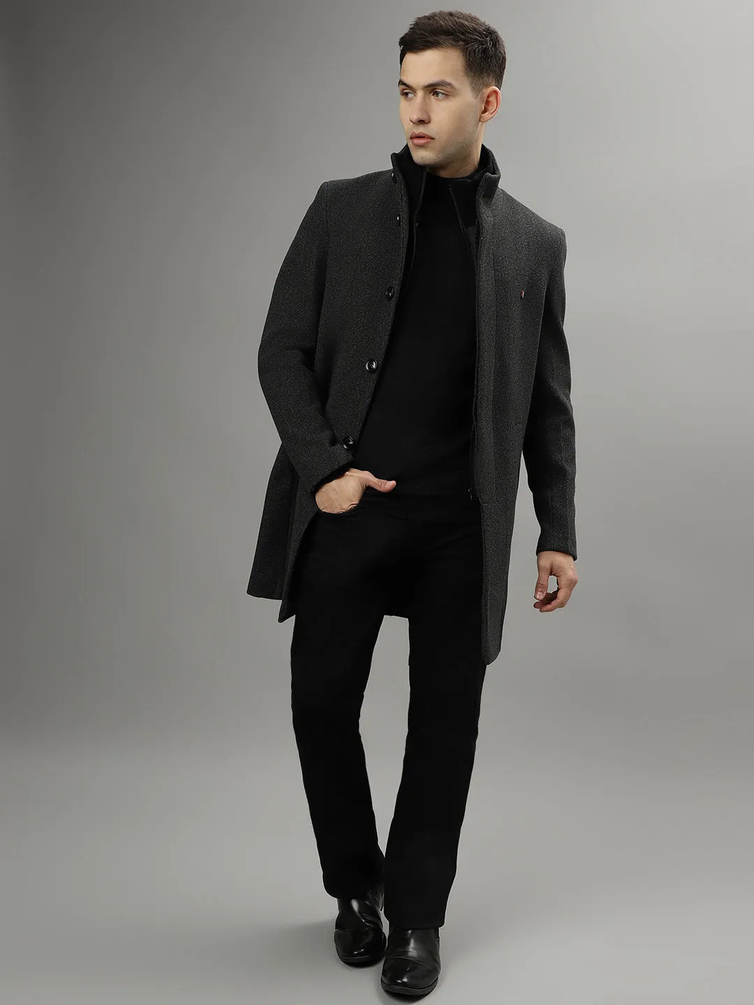 Iconic Men Grey Solid Standing Collar- Convertible Full Sleeves Overcoat