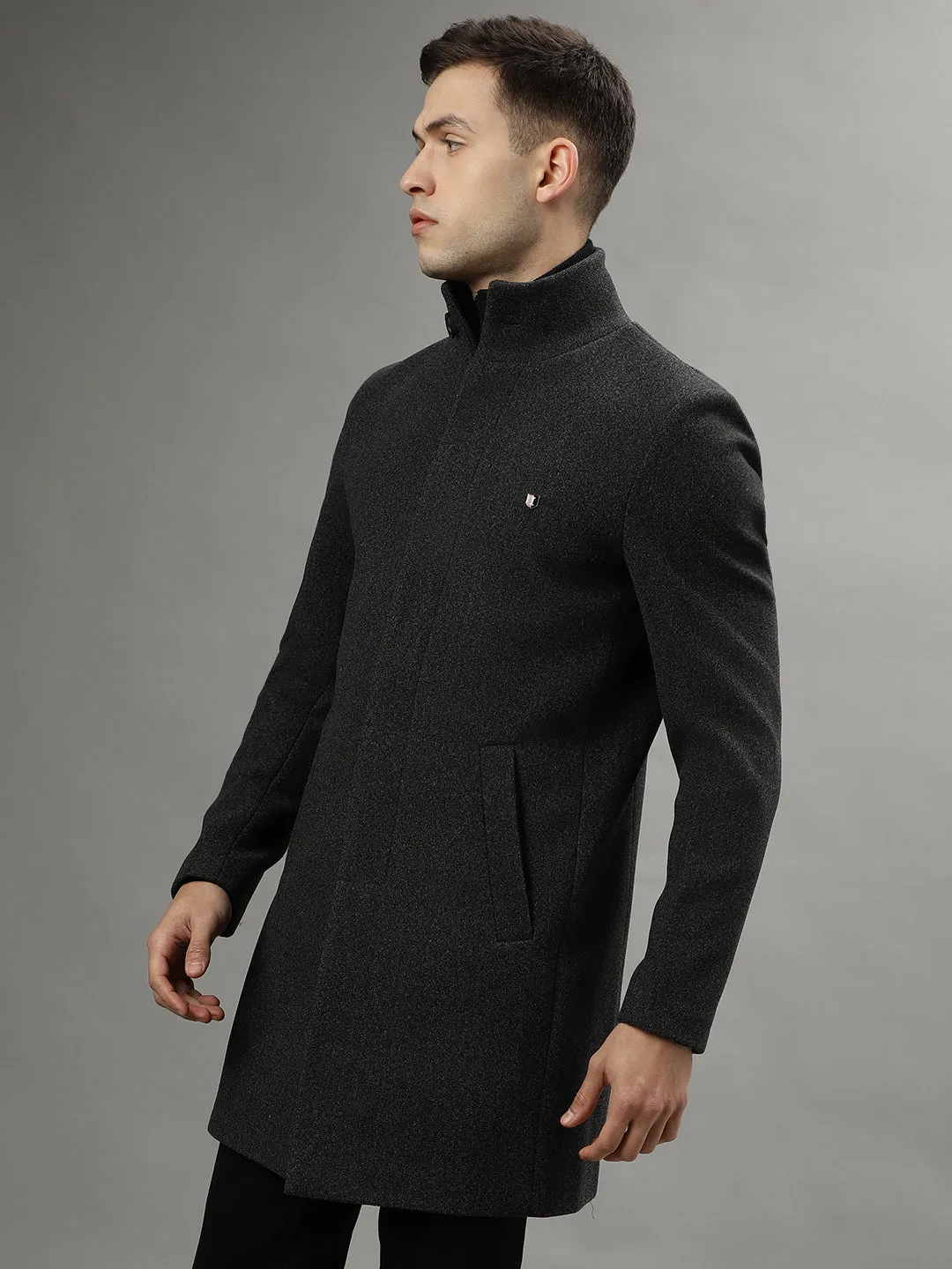 Iconic Men Grey Solid Standing Collar- Convertible Full Sleeves Overcoat