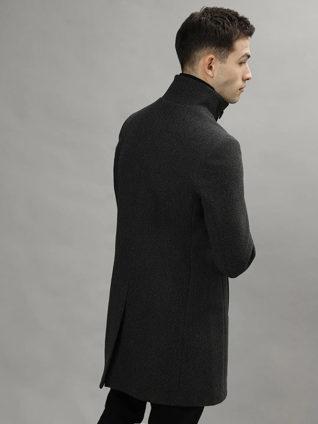 Iconic Men Grey Solid Standing Collar- Convertible Full Sleeves Overcoat