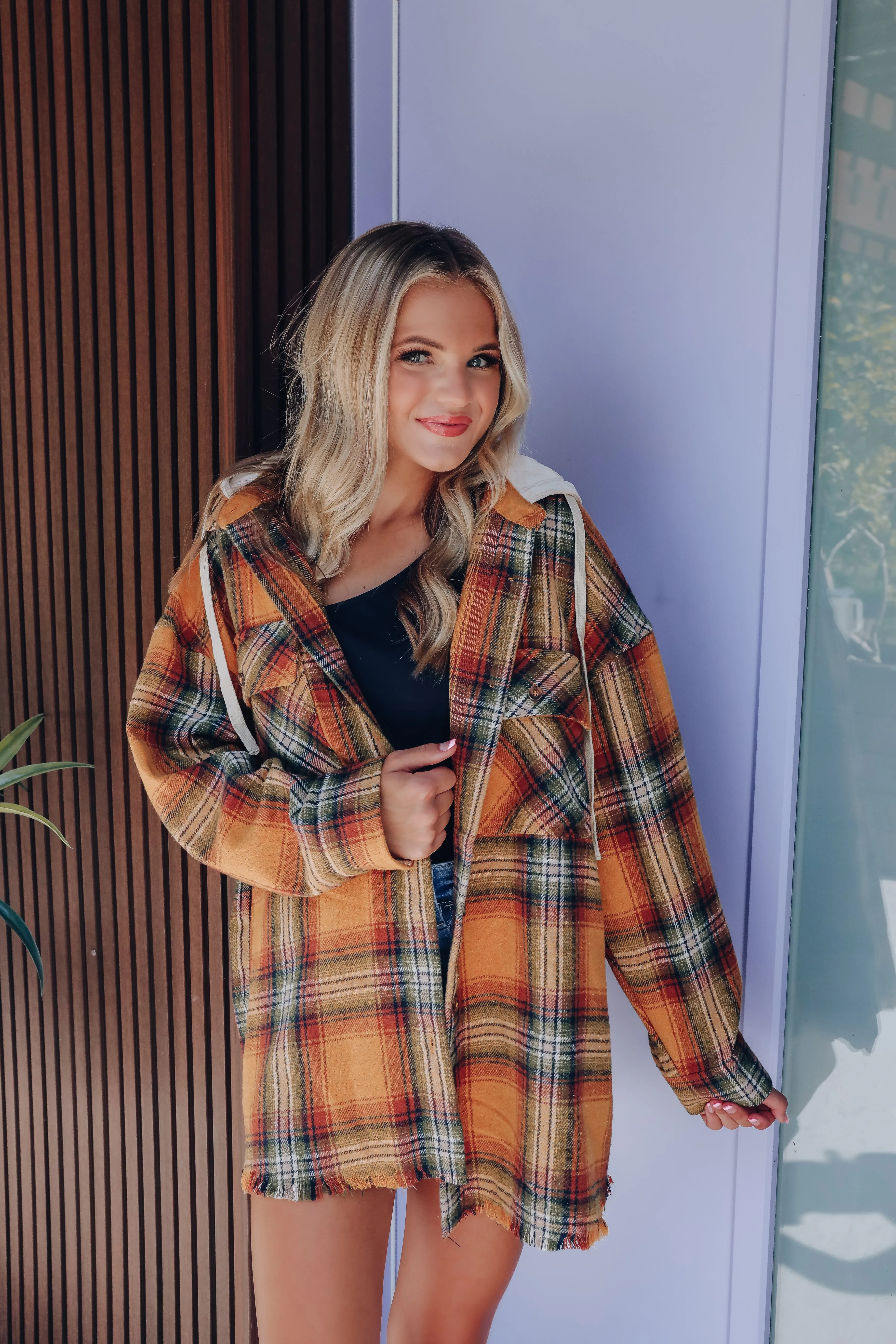 In The Rockies Plaid Hooded Shacket - Golden Yellow