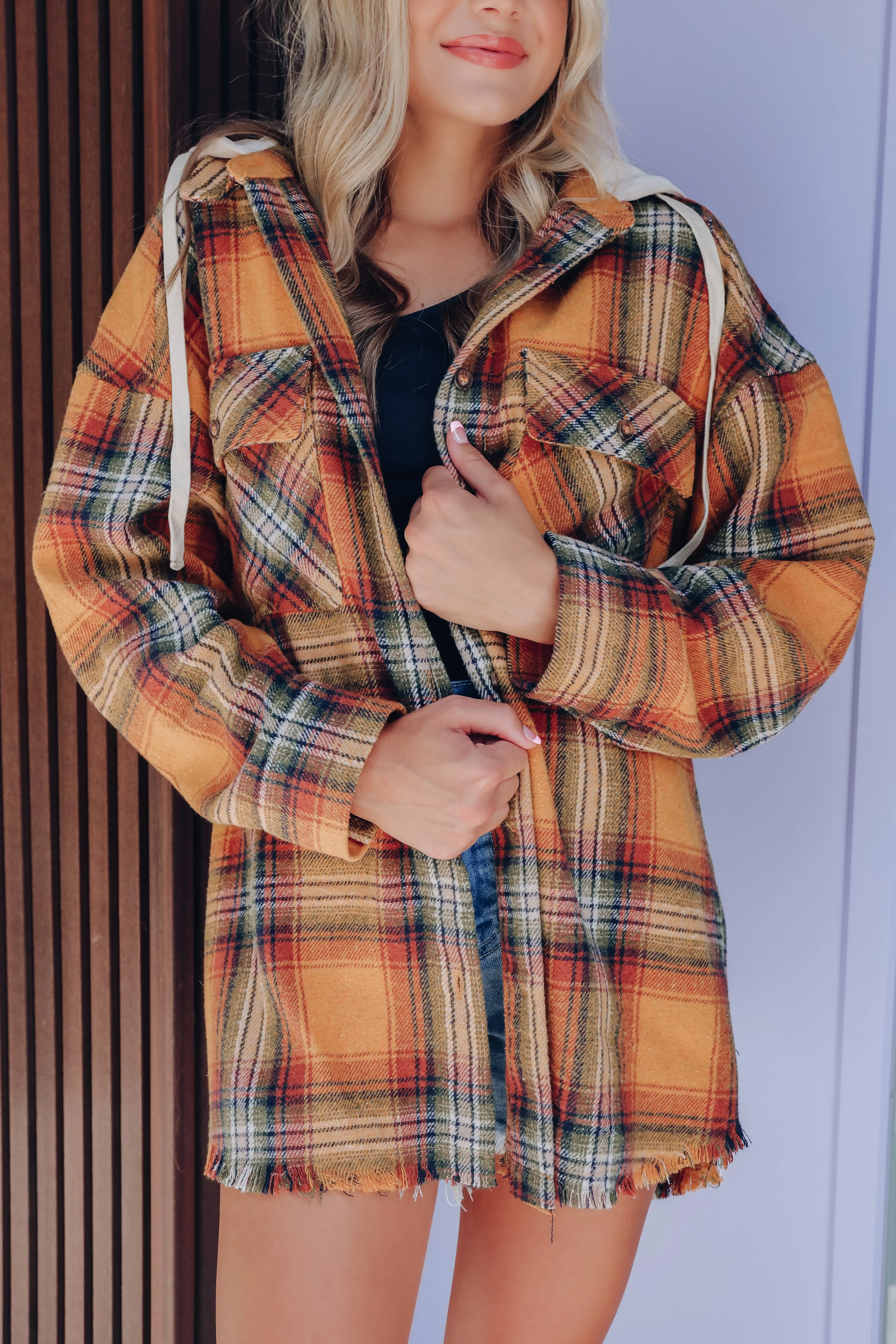 In The Rockies Plaid Hooded Shacket - Golden Yellow