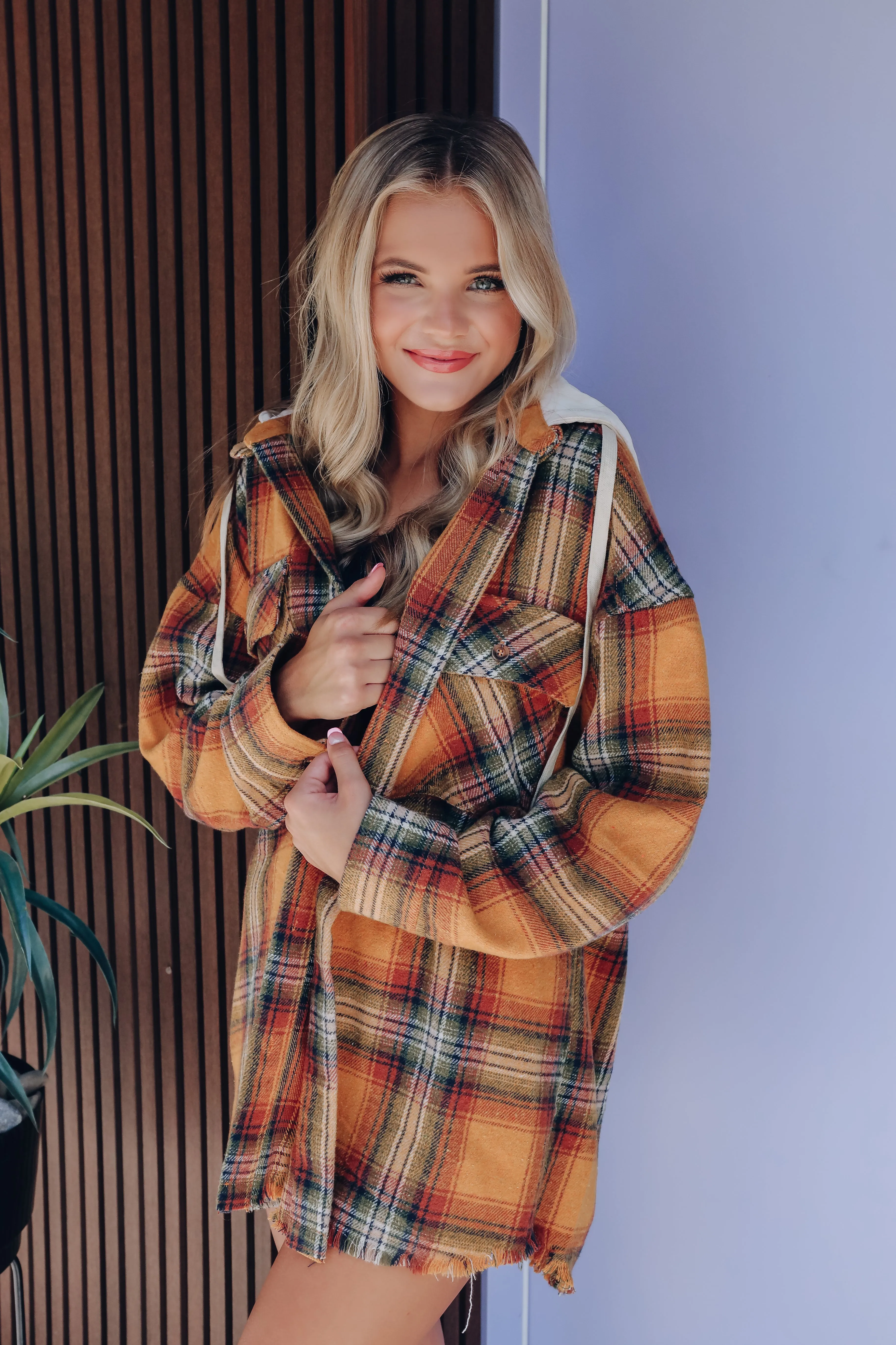 In The Rockies Plaid Hooded Shacket - Golden Yellow