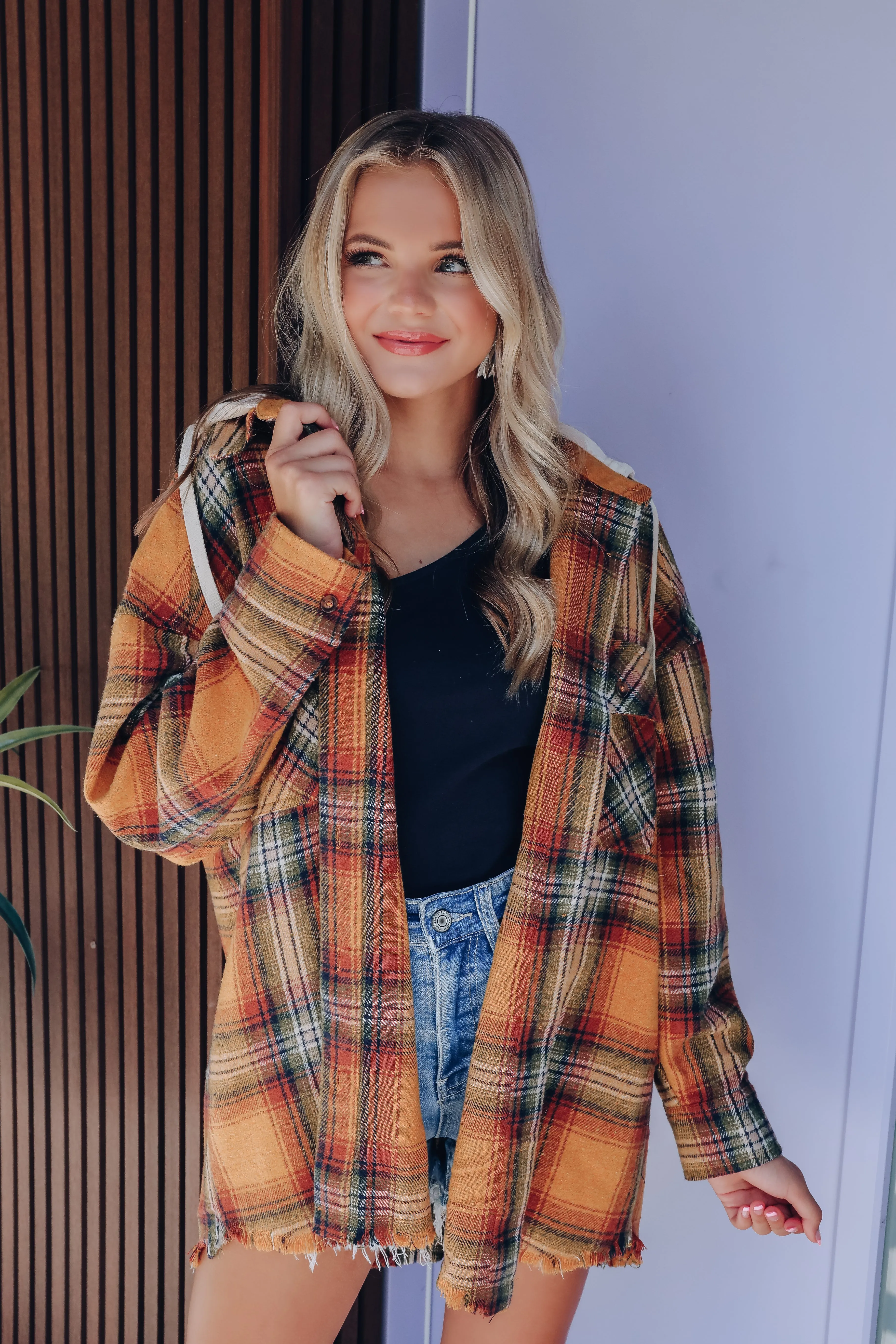 In The Rockies Plaid Hooded Shacket - Golden Yellow