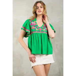 Kalynn Flutter Sleeve Embroidered Detail THML Top