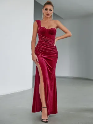 KittenAlarm - One Shoulder Ruched Side Split Thigh Velvet Prom Dress