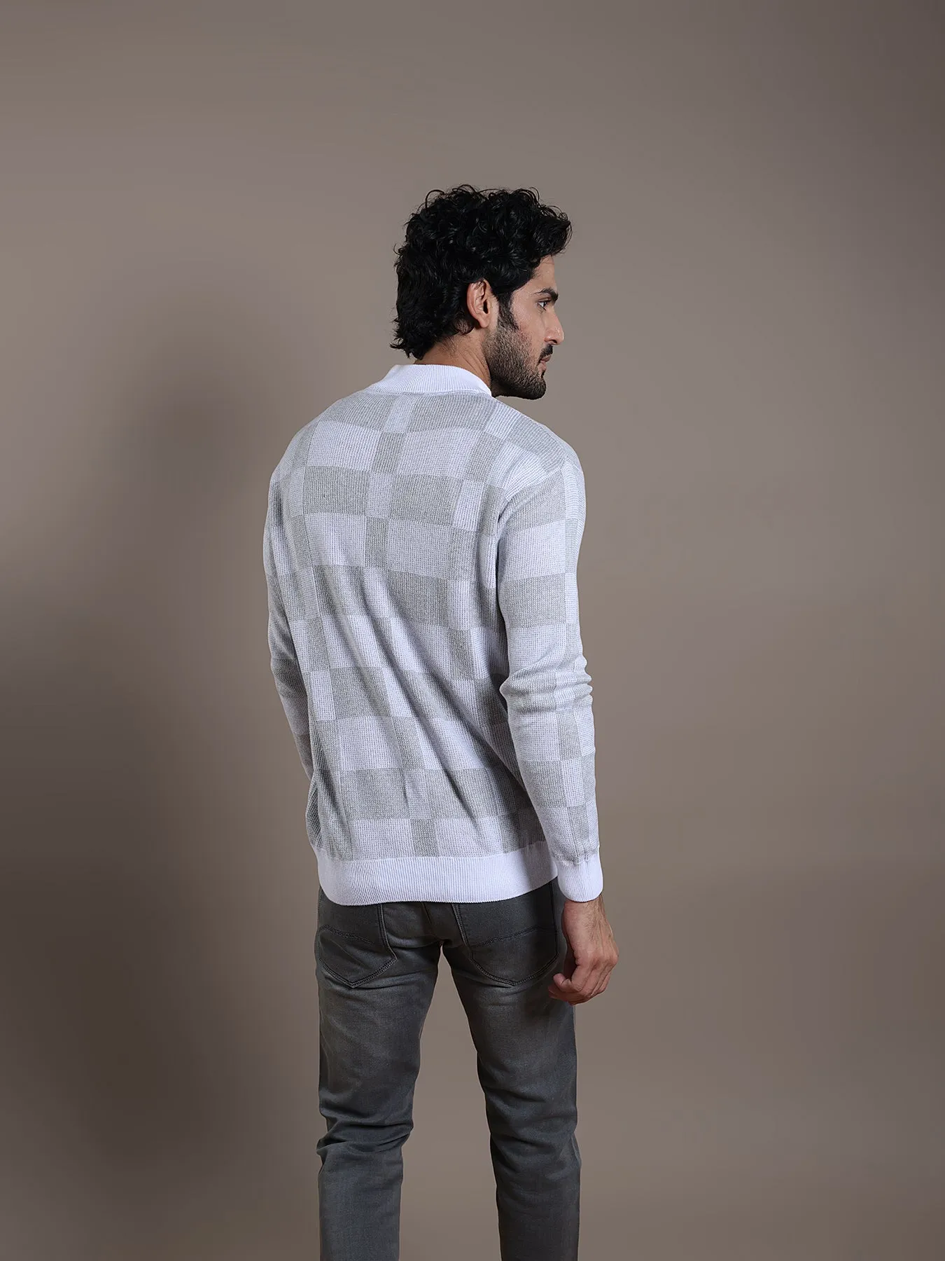 Knitted Light Grey Checkered Regular Fit Full Sleeve Casual Pullover