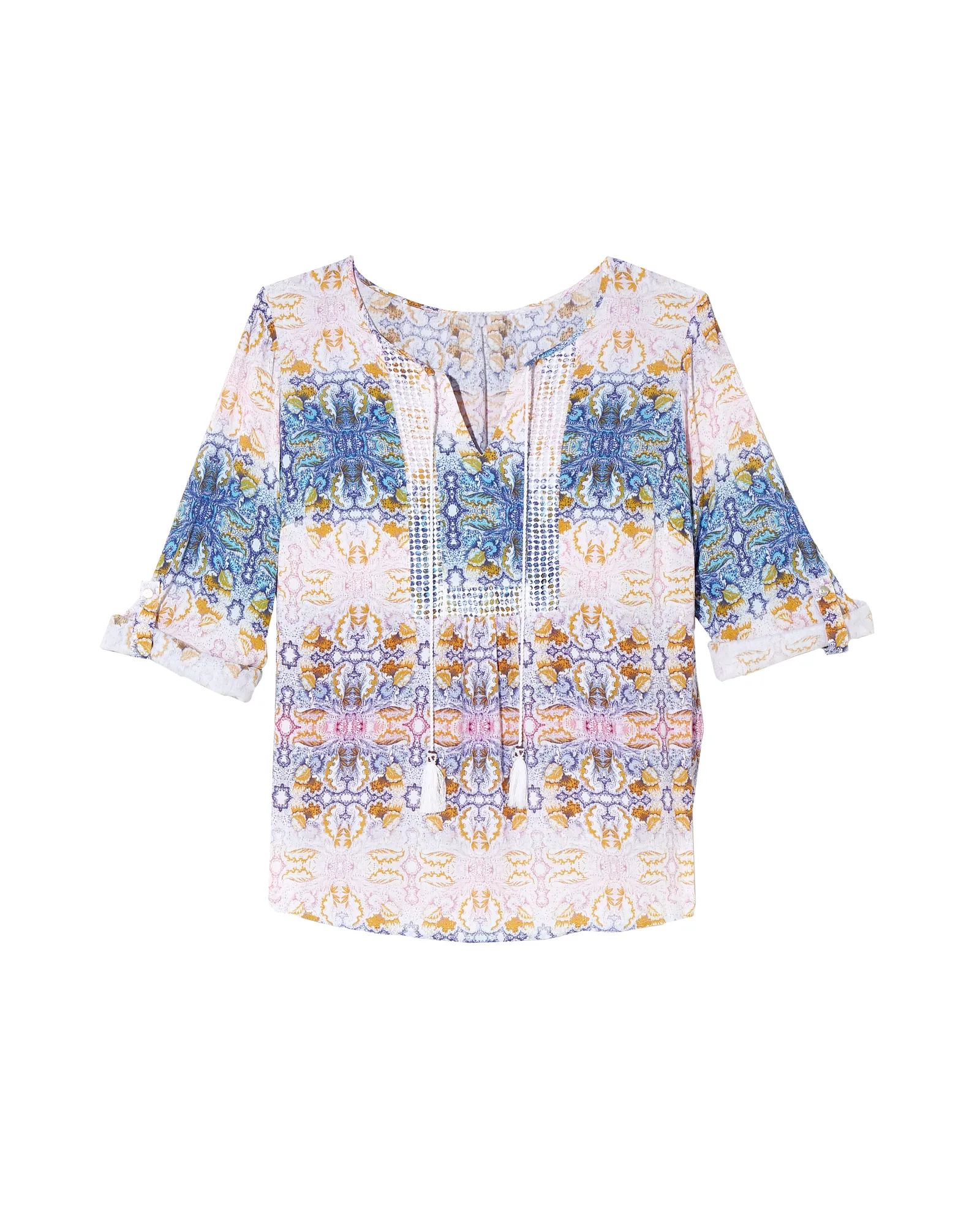 Kourtney Tied Collar Tabbed Sleeve Blouse | Pink / Azure Blue