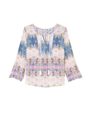 Kourtney Tied Collar Tabbed Sleeve Blouse | Pink / Azure Blue