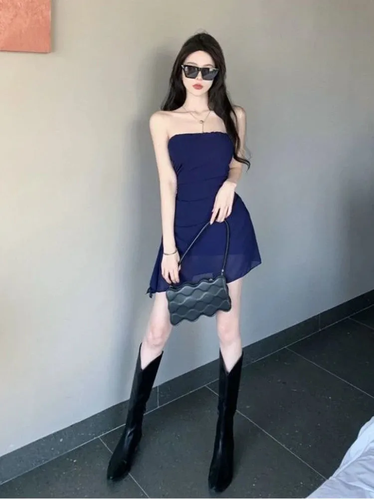 LANFUBEISI Blue Mini Dress Women Summer Thin Strapless Sexy Club Wear Chic Slim Irregular Designed  Folds Edgy Vestido Hotsweet Trendy