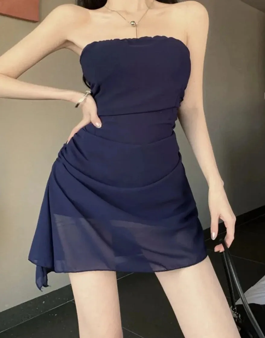 LANFUBEISI Blue Mini Dress Women Summer Thin Strapless Sexy Club Wear Chic Slim Irregular Designed  Folds Edgy Vestido Hotsweet Trendy