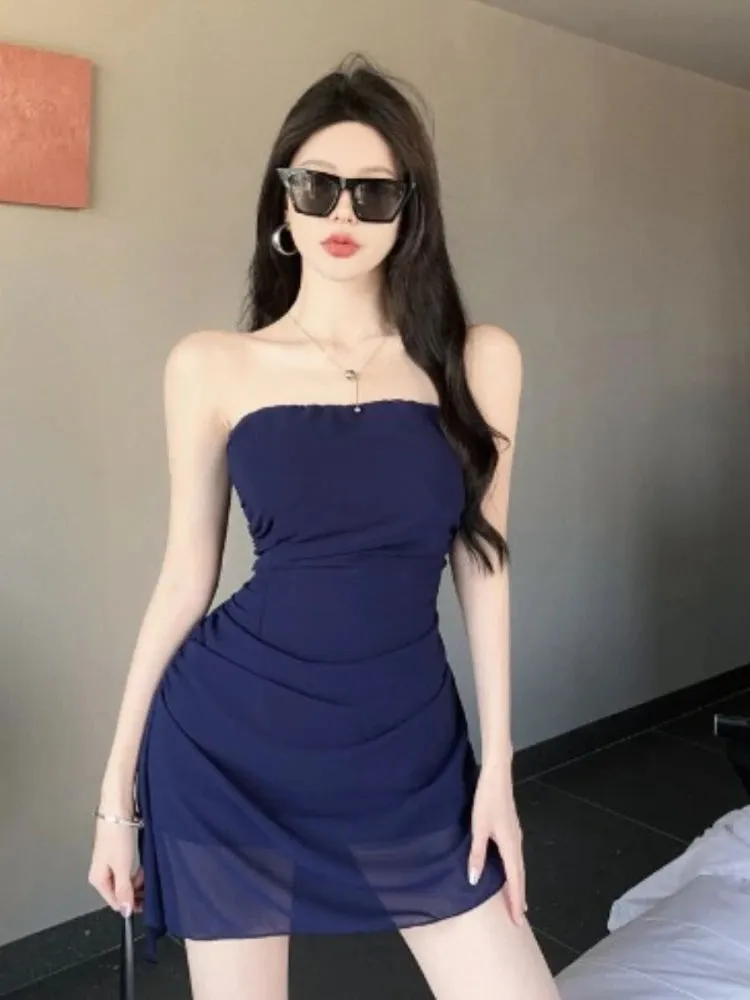 LANFUBEISI Blue Mini Dress Women Summer Thin Strapless Sexy Club Wear Chic Slim Irregular Designed  Folds Edgy Vestido Hotsweet Trendy