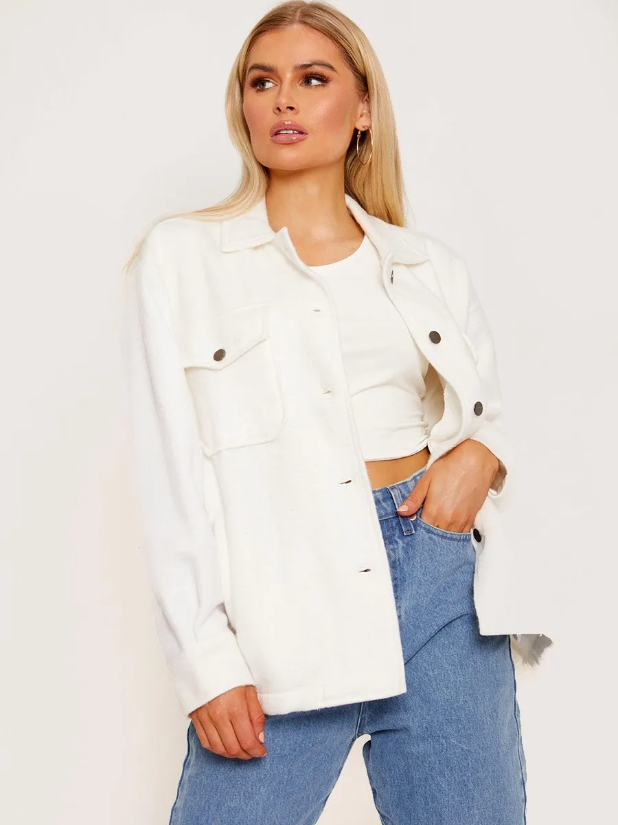 Leah Plain Classic Thick Shacket In Cream