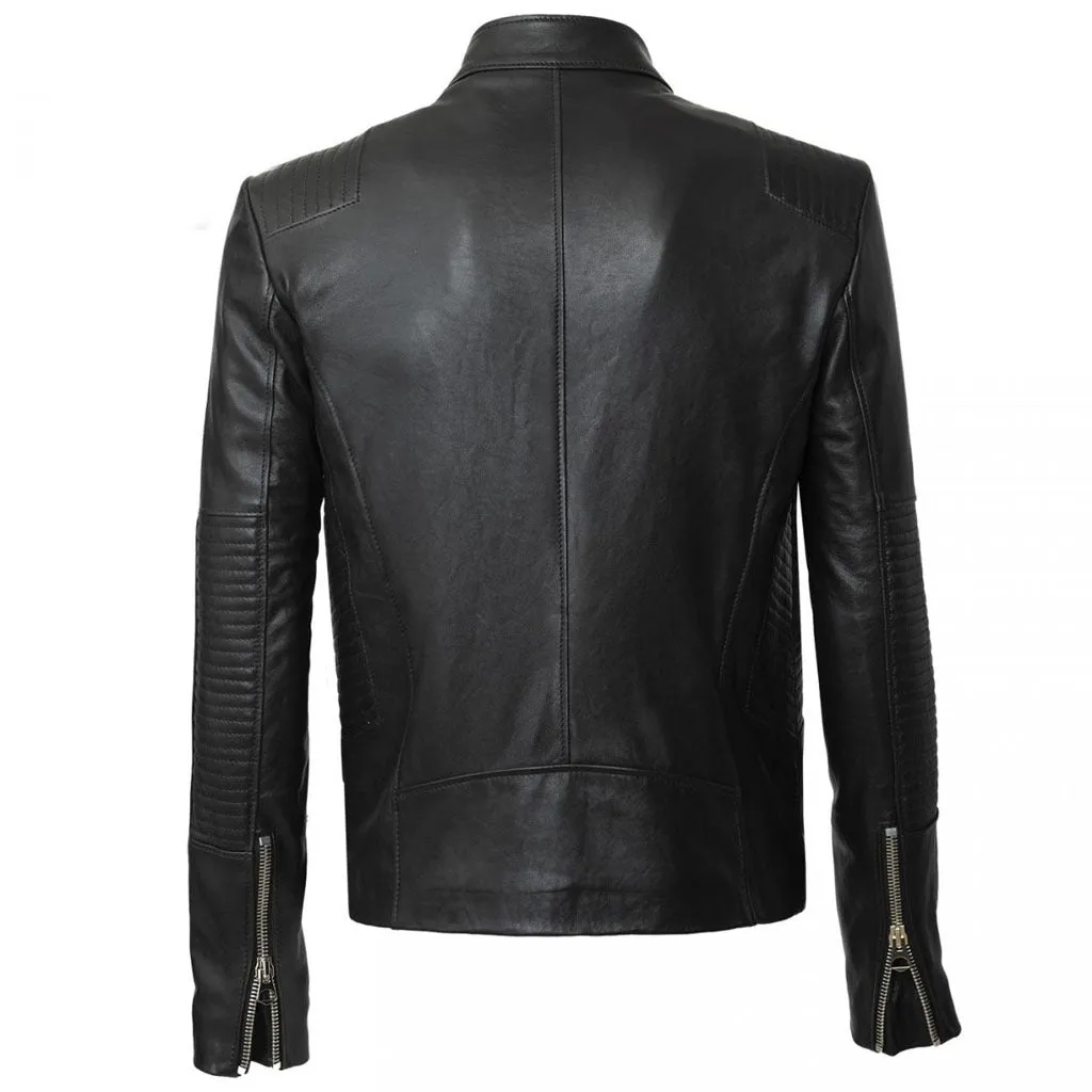 Leather Exotica Jet Black Minimal Men Biker Leather Jacket - Timeless Elegance