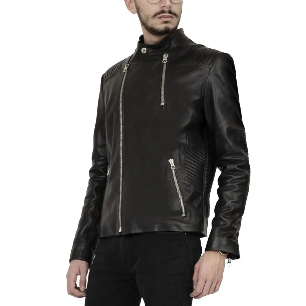 Leather Exotica Jet Black Minimal Men Biker Leather Jacket - Timeless Elegance