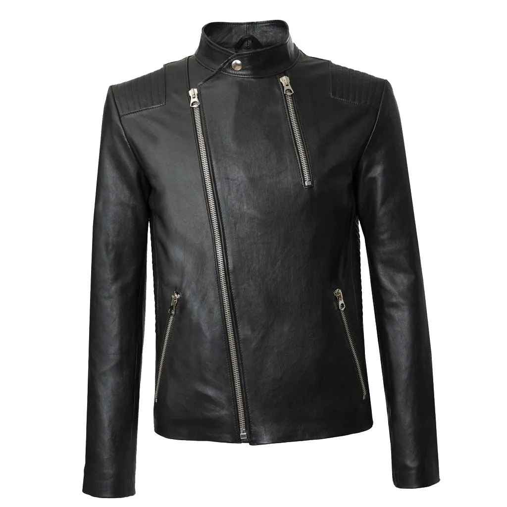 Leather Exotica Jet Black Minimal Men Biker Leather Jacket - Timeless Elegance