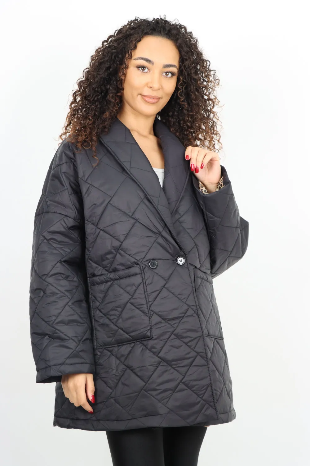 Leopard Lined Quilted Padded Front Pockets Jacket