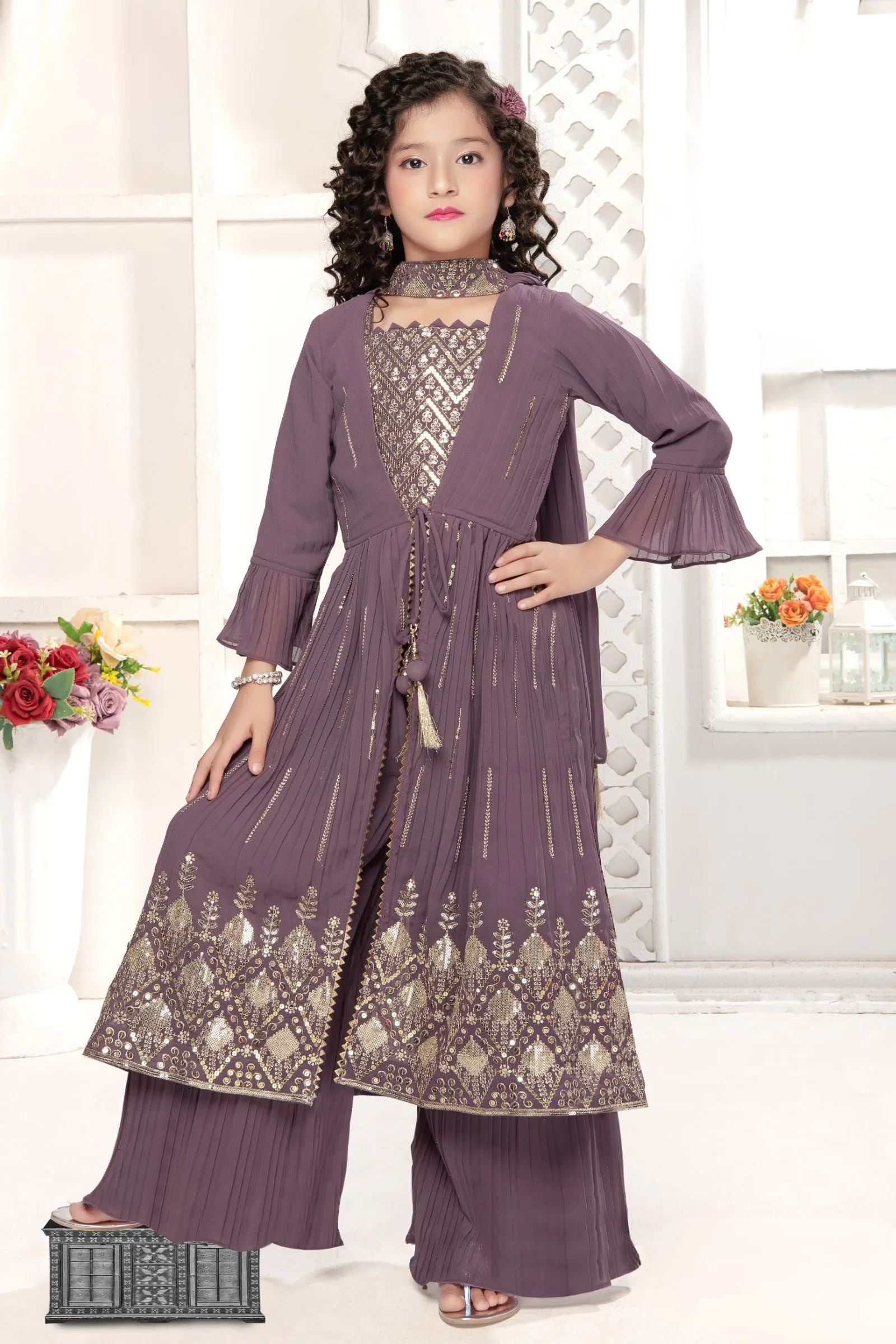 Lilac Sequins and Zari work Overcoat Styled Palazzo Set For Girls