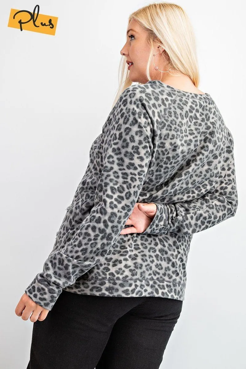 Long Sleeve Leopard Printed Terry Knit Pullover