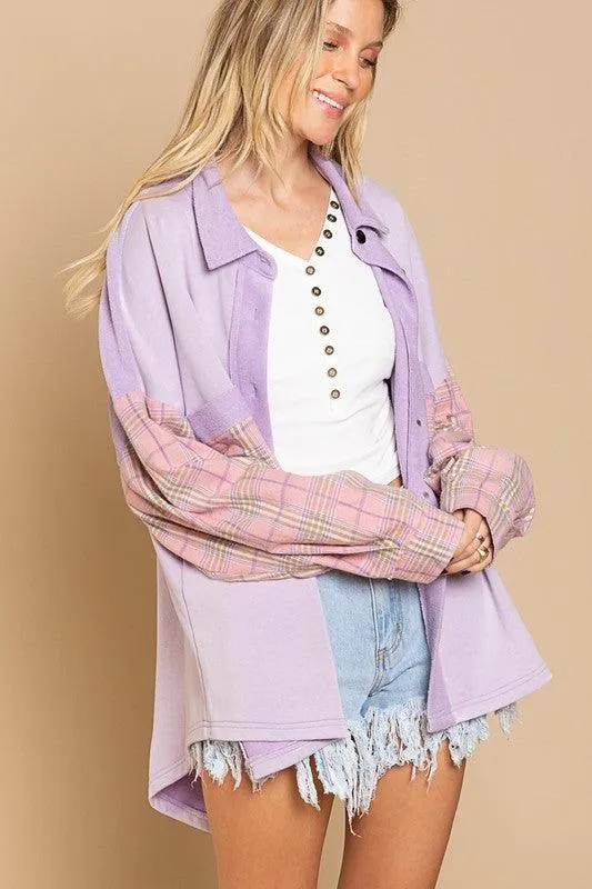 Long Sleeve with Plaid Detail Sleeve Shacket