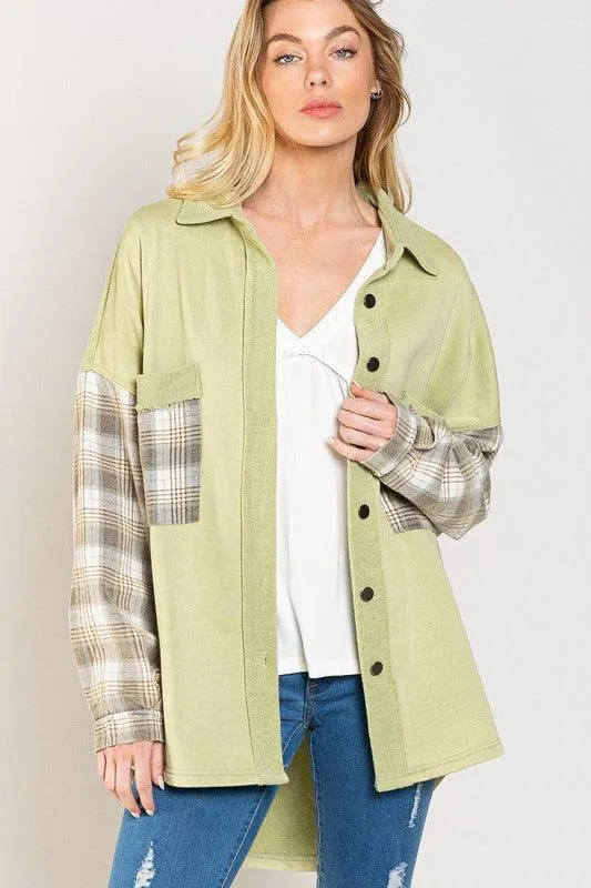 Long Sleeve with Plaid Detail Sleeve Shacket