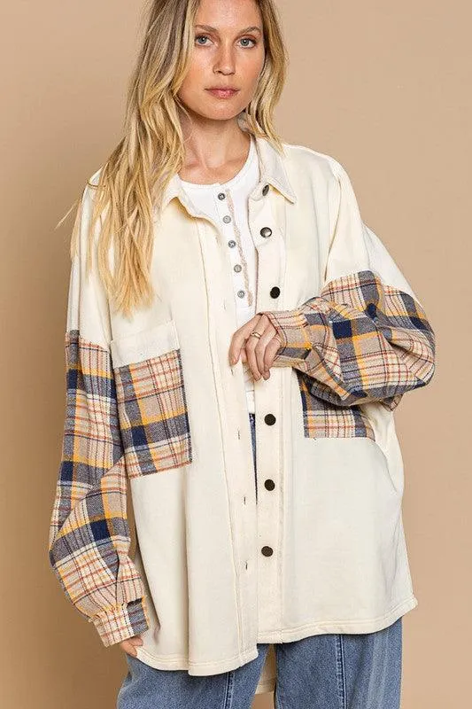 Long Sleeve with Plaid Detail Sleeve Shacket