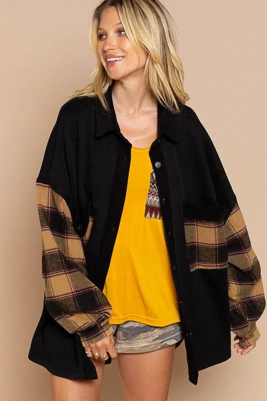 Long Sleeve with Plaid Detail Sleeve Shacket