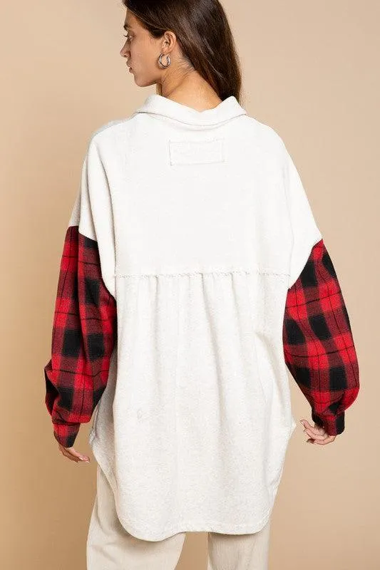 Long Sleeve with Plaid Detail Sleeve Shacket