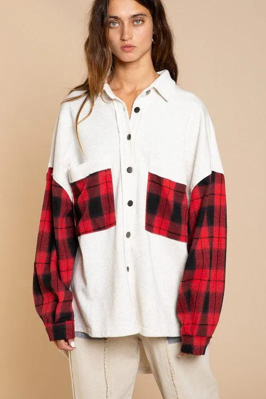 Long Sleeve with Plaid Detail Sleeve Shacket