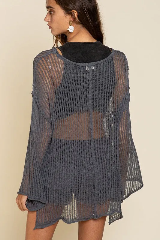 Loose Fit See-through Boat Neck POL Sweater