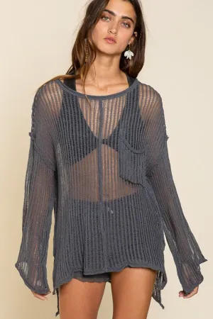 Loose Fit See-through Boat Neck POL Sweater