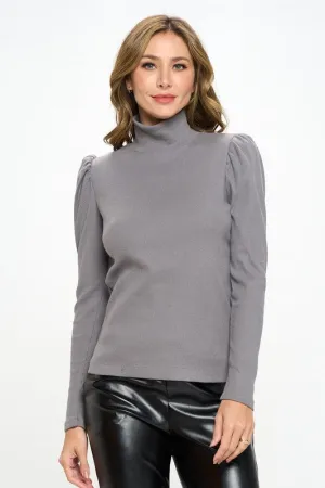 Made in USA Solid Turtle neck Puff Sleeve Top