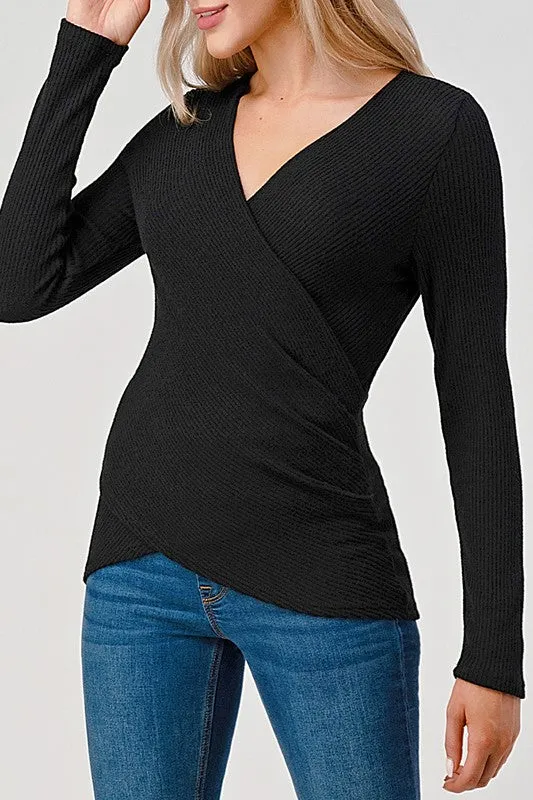 Melanie Long Sleeve Surplice Pleated Rib Knit Top Black