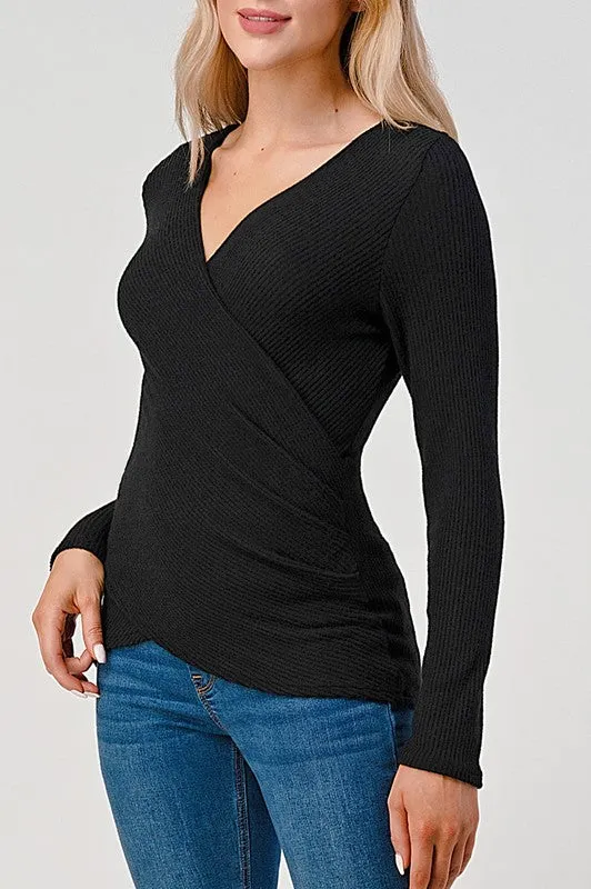 Melanie Long Sleeve Surplice Pleated Rib Knit Top Black