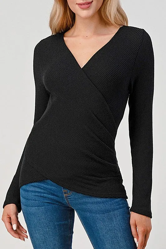 Melanie Long Sleeve Surplice Pleated Rib Knit Top Black