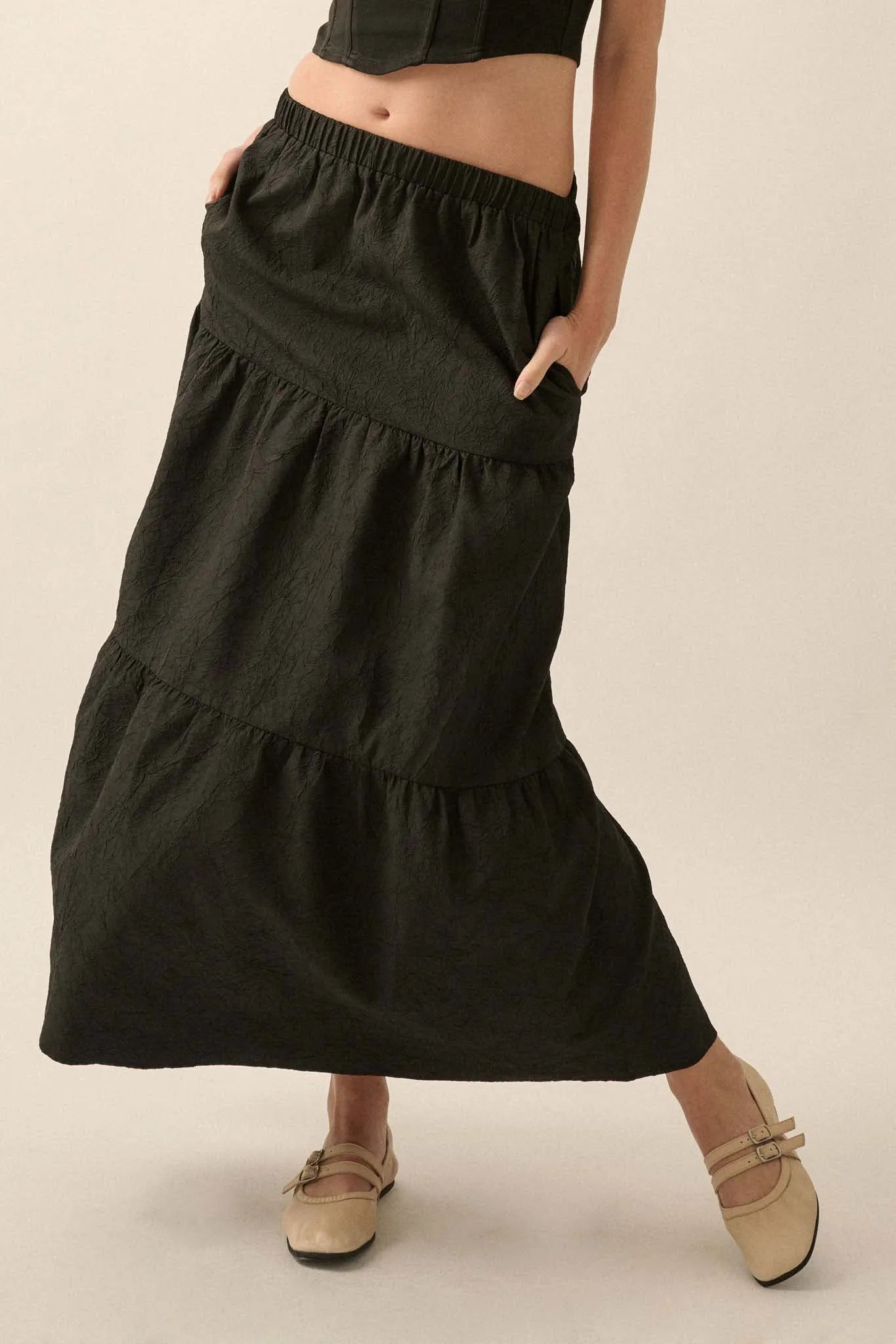 Mellow Out Textured Tiered Ruffle Maxi Skirt