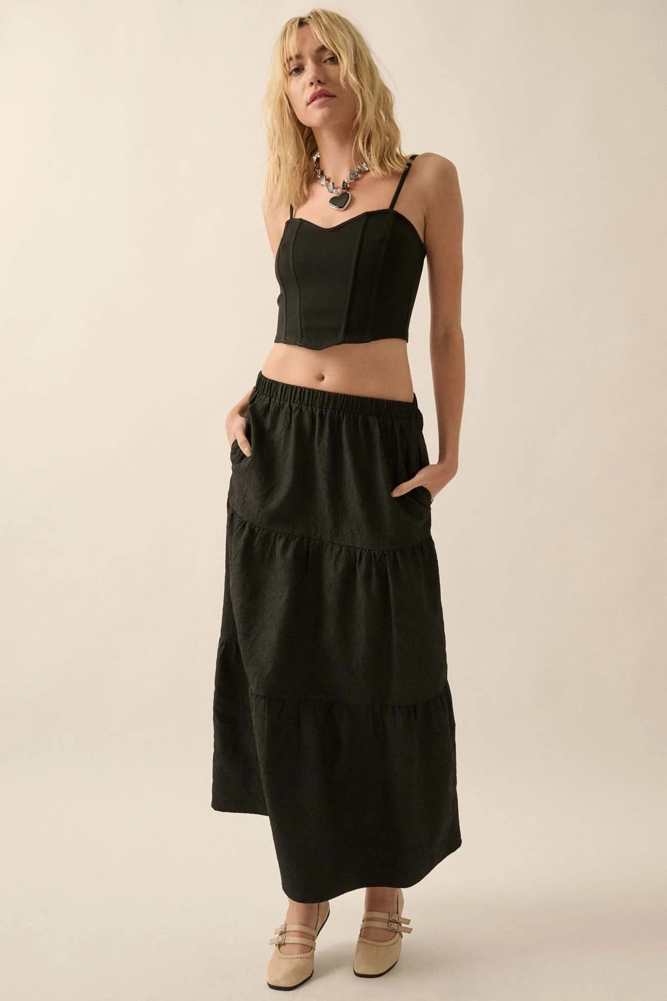 Mellow Out Textured Tiered Ruffle Maxi Skirt