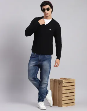 Men Black Self Design V Neck Full Sleeve Sweaters/Pullovers